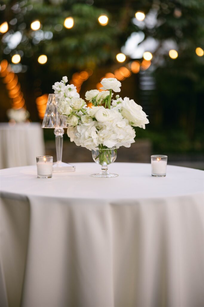 Cocktail table with a white floral arrangement