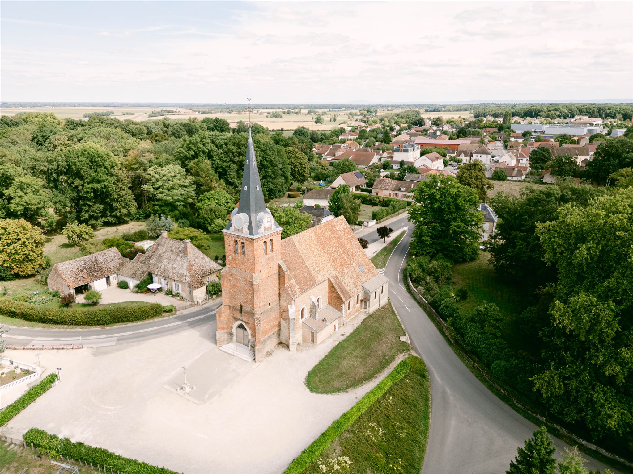Aerial view of the small village church where Romy and Jonathan were married