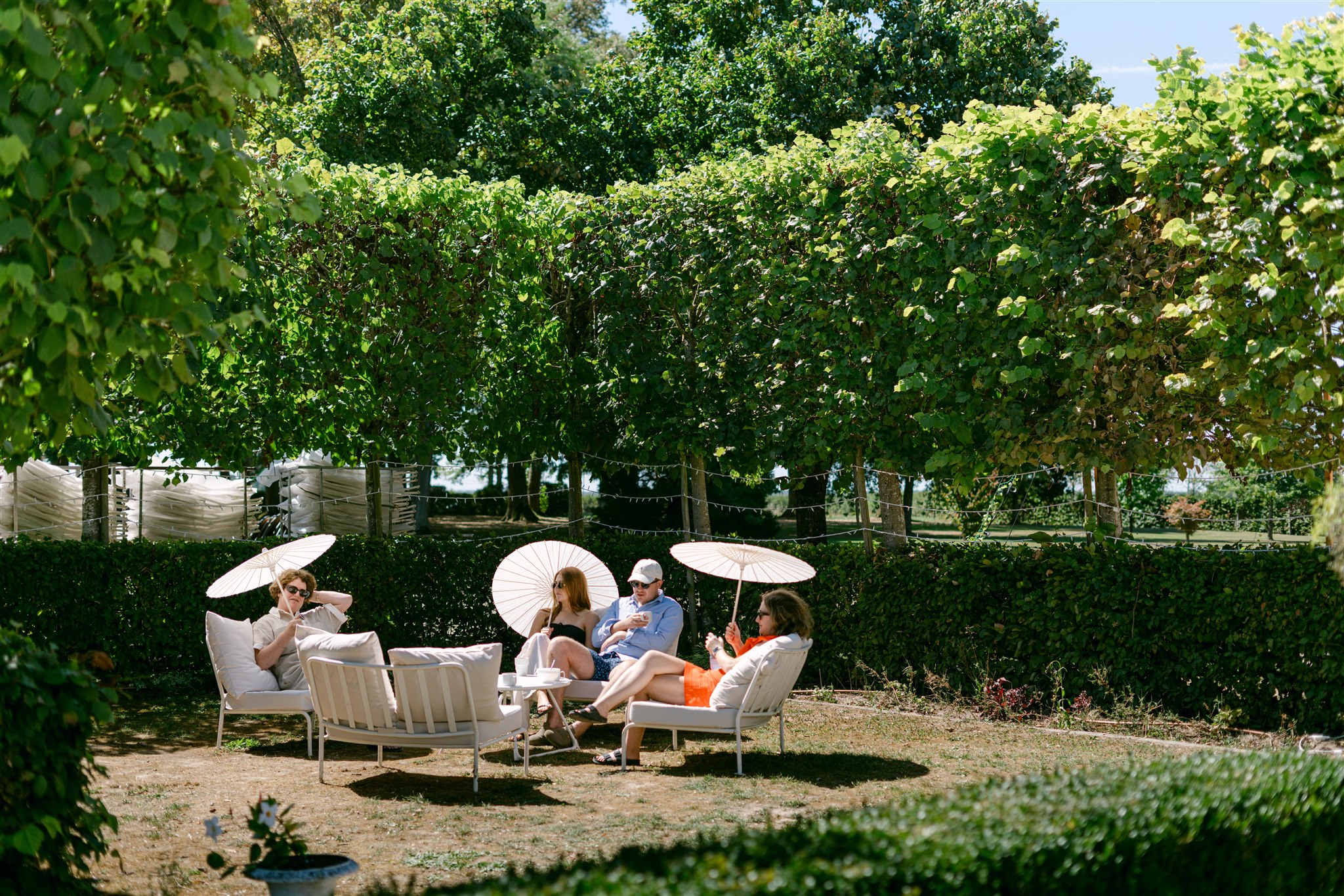 Loungers and parasols by the pool seen through the garden hedges
