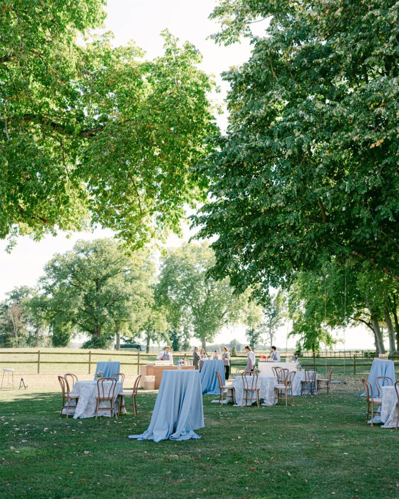 Reception tables with blue linens set beneath trees in the garden