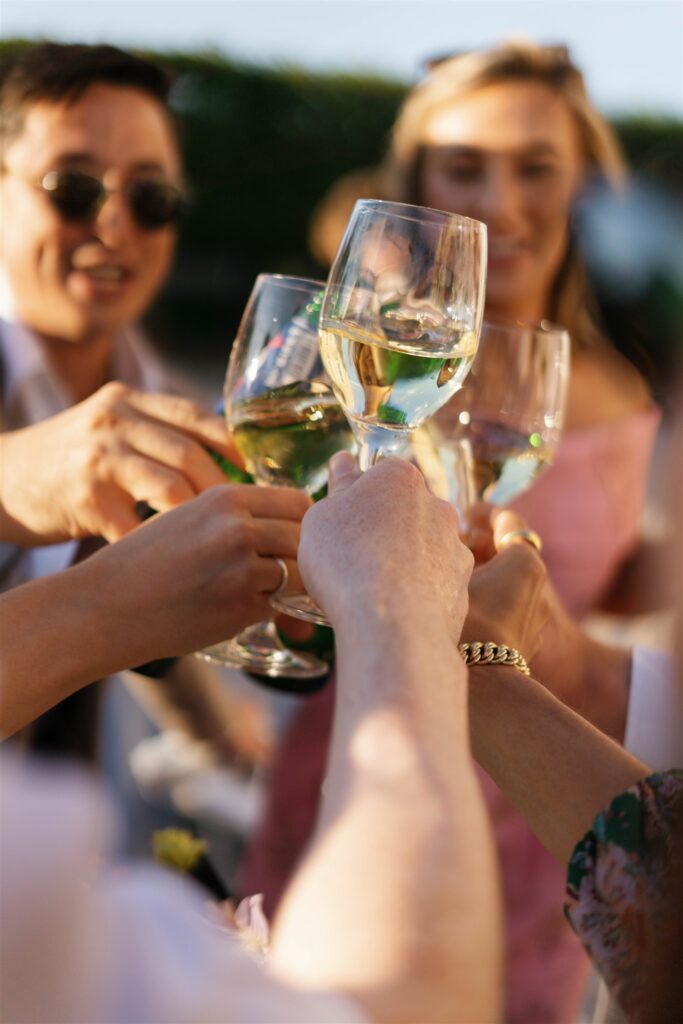 Guests clinking Champagne glasses at the reception