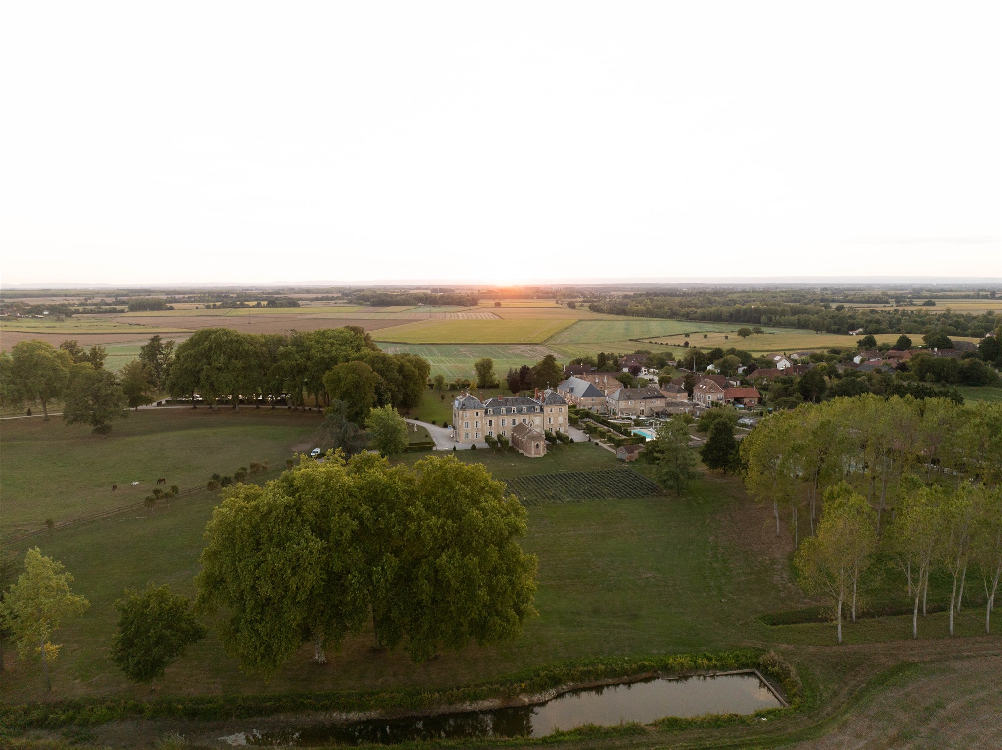 Aerial view of the Burgundy countryside and village around Château de Varennes