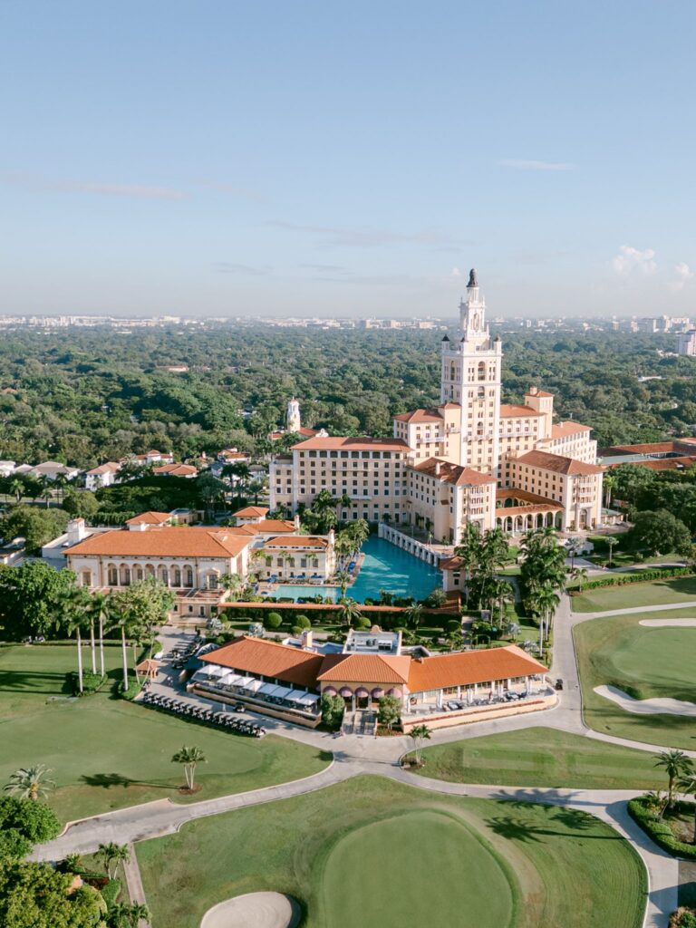 Drone photo of The Biltmore Hotel, pool and golf course in Miami