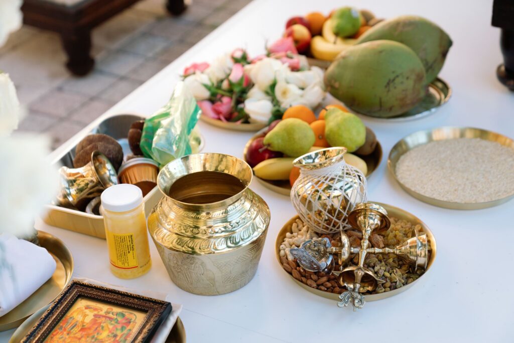 Brass vessels, fruit and ritual items prepared for the ceremony