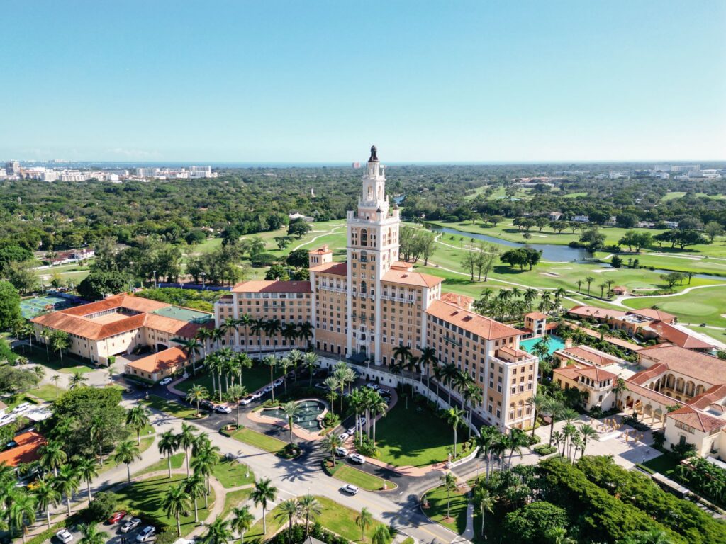 Drone photo of The Biltmore Hotel and its grounds in Coral Gables, Florida